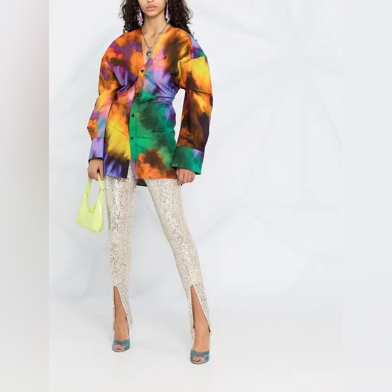 Attico Oversized Tie-Dye Print Cotton Shirt Mini Dress Size L Multicolored